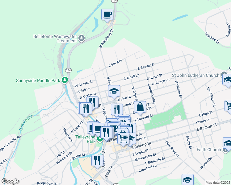 map of restaurants, bars, coffee shops, grocery stores, and more near 420 North Allegheny Street in Bellefonte