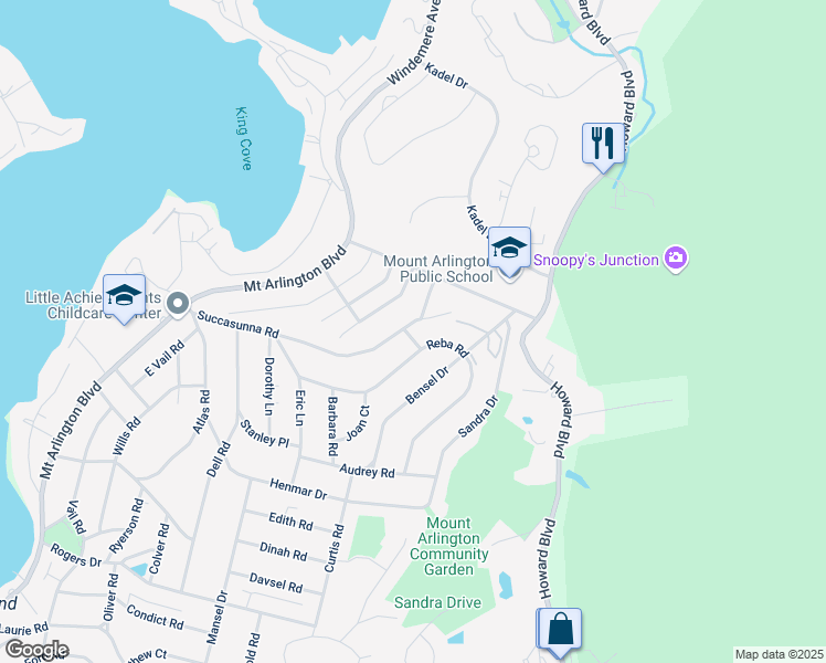 map of restaurants, bars, coffee shops, grocery stores, and more near 672 Succasunna Road in Mount Arlington