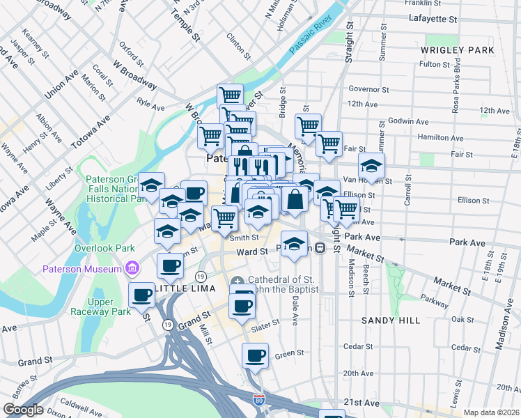 map of restaurants, bars, coffee shops, grocery stores, and more near 44 Church Street in Paterson
