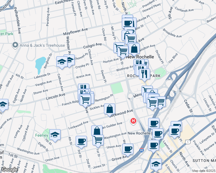 map of restaurants, bars, coffee shops, grocery stores, and more near 111 Lincoln Avenue in New Rochelle