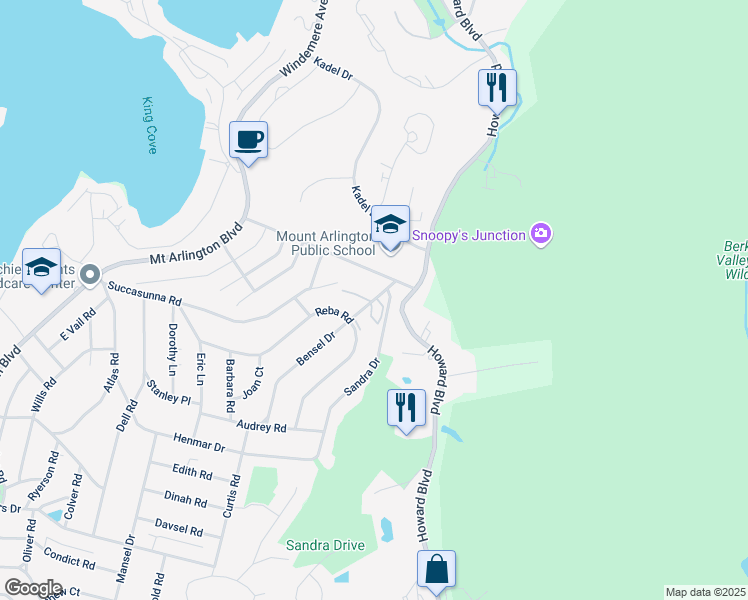 map of restaurants, bars, coffee shops, grocery stores, and more near 504 Bensel Drive in Mount Arlington