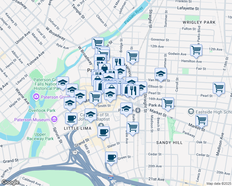 map of restaurants, bars, coffee shops, grocery stores, and more near 44 Church Street in Paterson