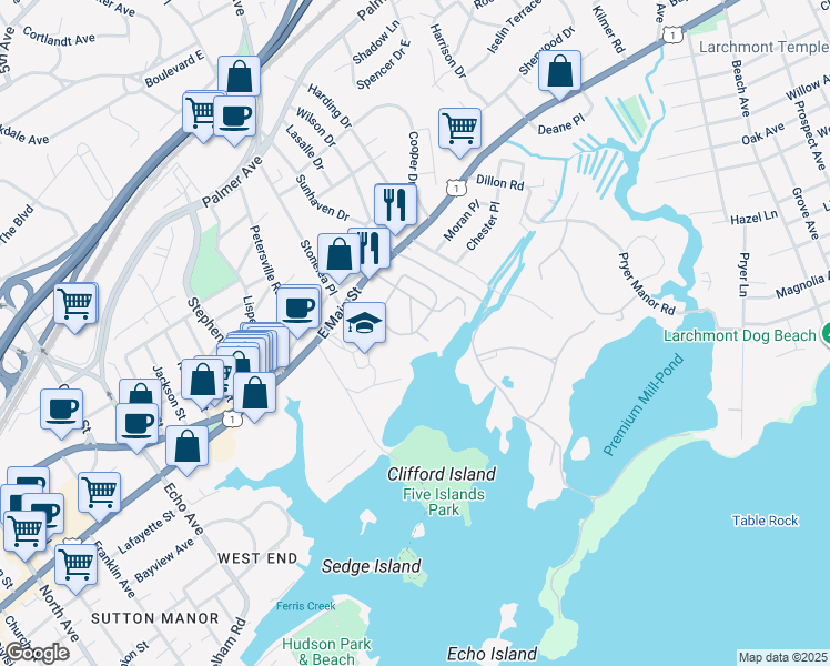 map of restaurants, bars, coffee shops, grocery stores, and more near 75 Seaview Avenue in New Rochelle