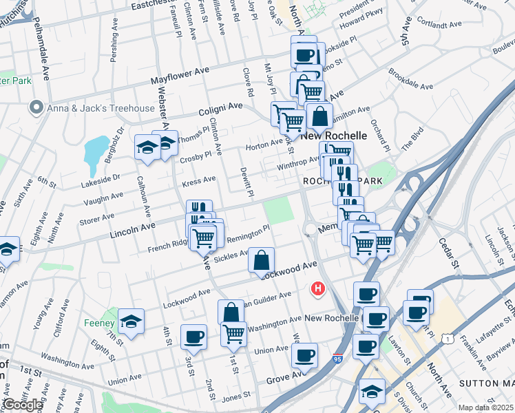 map of restaurants, bars, coffee shops, grocery stores, and more near 111 Lincoln Avenue in New Rochelle