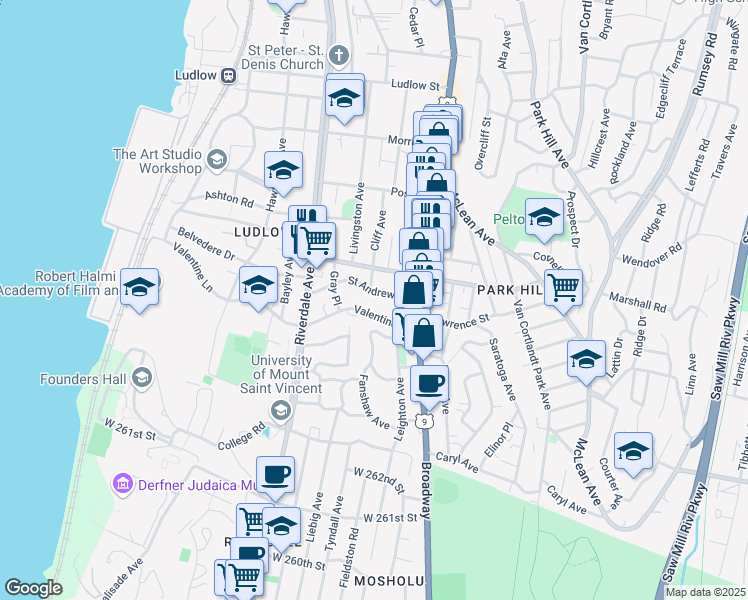 map of restaurants, bars, coffee shops, grocery stores, and more near 43 Saint Andrews Place in Yonkers