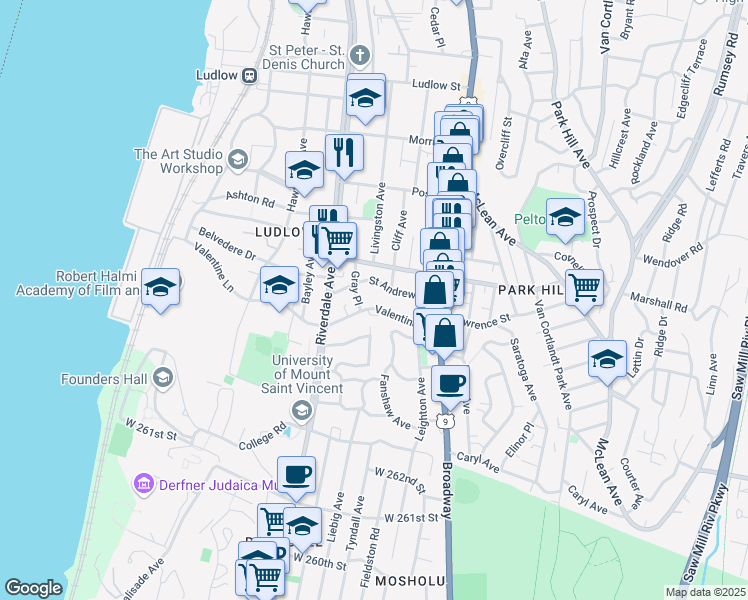 map of restaurants, bars, coffee shops, grocery stores, and more near 205 Valentine Lane in Yonkers
