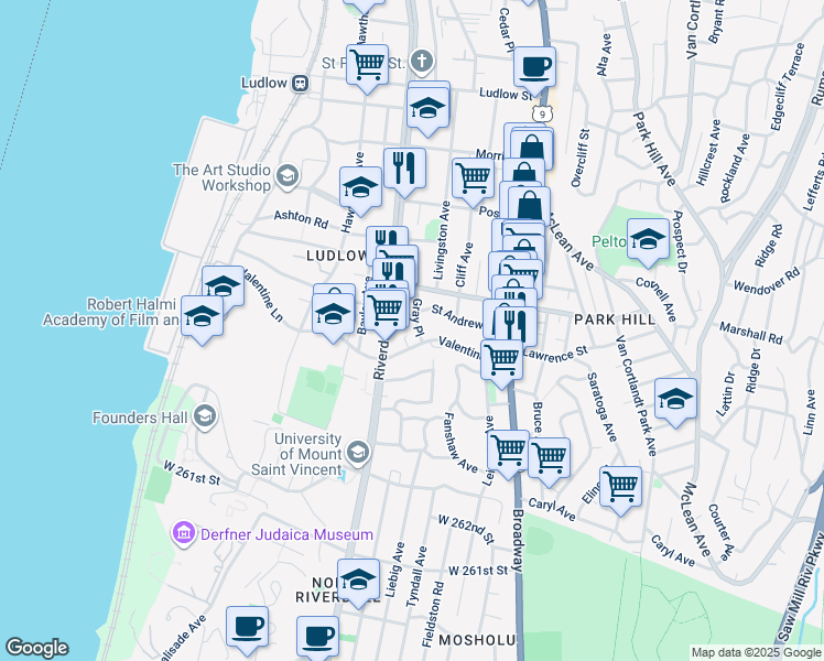 map of restaurants, bars, coffee shops, grocery stores, and more near 205 Valentine Lane in Yonkers