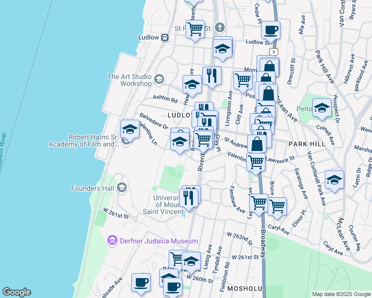 map of restaurants, bars, coffee shops, grocery stores, and more near 132 Valentine Lane in Yonkers