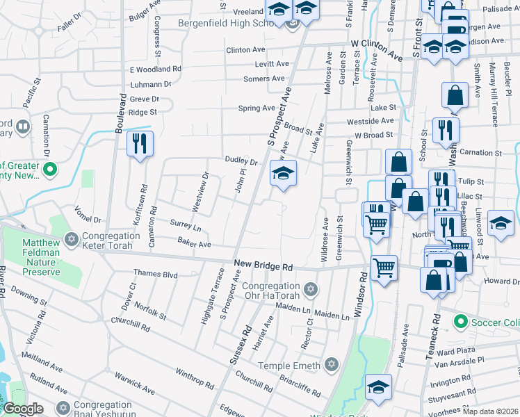 map of restaurants, bars, coffee shops, grocery stores, and more near 306 Schoolcraft Road in Bergenfield