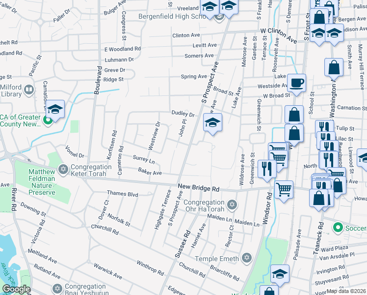 map of restaurants, bars, coffee shops, grocery stores, and more near 11 Gordon Road in Bergenfield