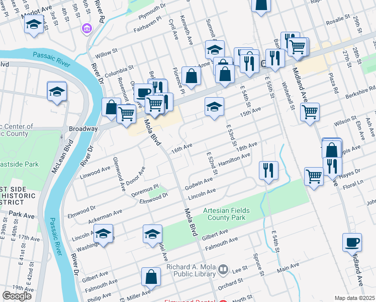 map of restaurants, bars, coffee shops, grocery stores, and more near 1-23B 16th Avenue in Elmwood Park