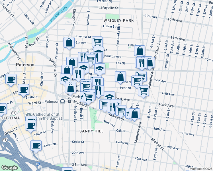 map of restaurants, bars, coffee shops, grocery stores, and more near 396 Ellison Street in Paterson