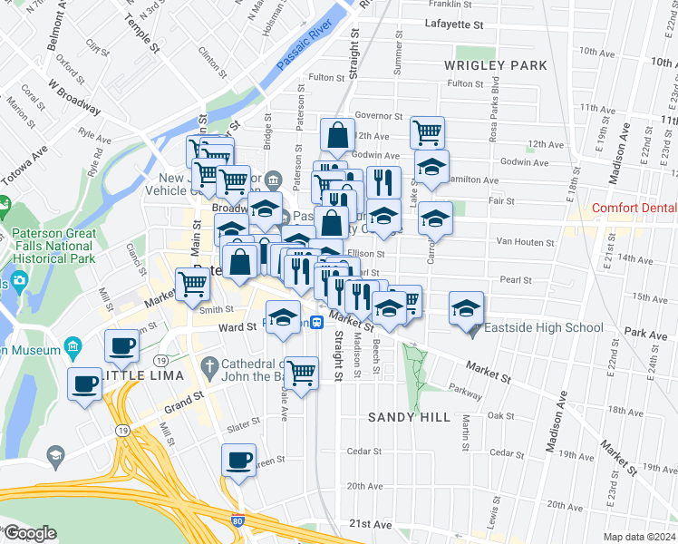 map of restaurants, bars, coffee shops, grocery stores, and more near 207 Straight Street in Paterson