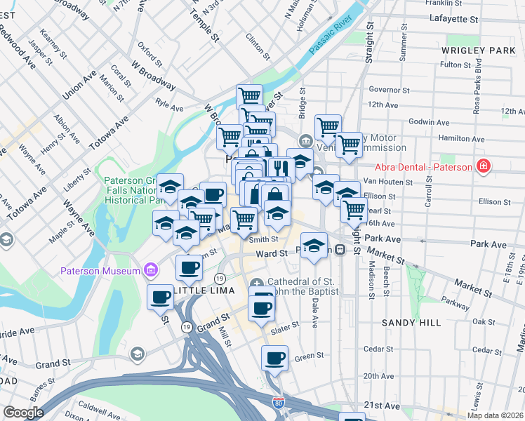 map of restaurants, bars, coffee shops, grocery stores, and more near in Paterson