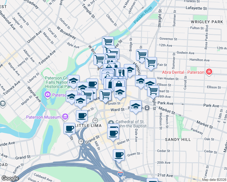 map of restaurants, bars, coffee shops, grocery stores, and more near 111 Washington Street in Paterson