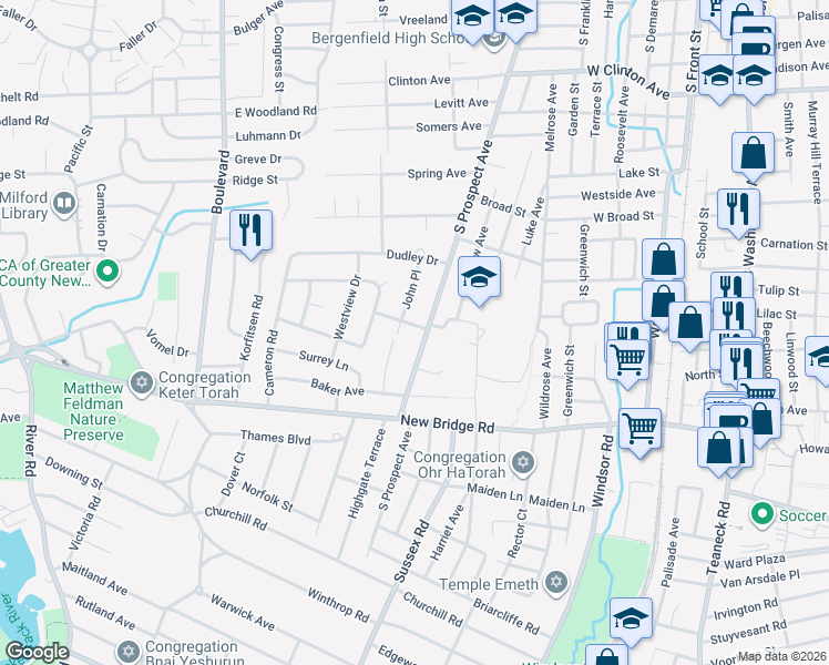 map of restaurants, bars, coffee shops, grocery stores, and more near 11 Gordon Road in Bergenfield