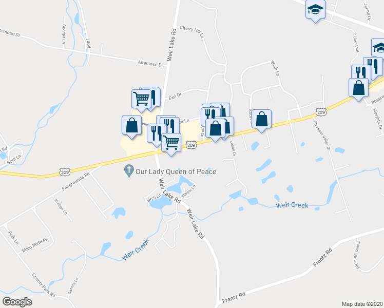 map of restaurants, bars, coffee shops, grocery stores, and more near 1476 U.S. 209 in Brodheadsville