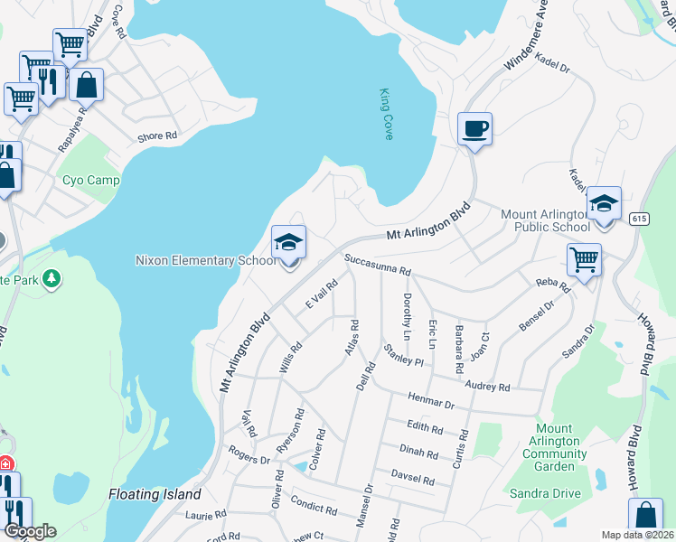 map of restaurants, bars, coffee shops, grocery stores, and more near 290 Mount Arlington Boulevard in Roxbury Township