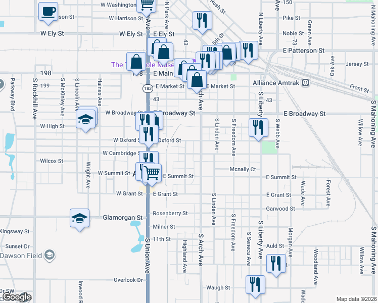 map of restaurants, bars, coffee shops, grocery stores, and more near 224 East Cambridge Street in Alliance