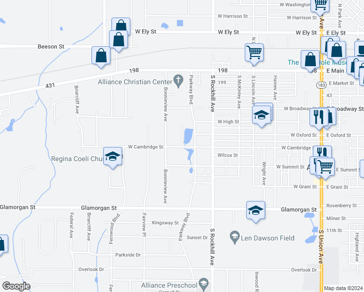 map of restaurants, bars, coffee shops, grocery stores, and more near 455 Lakeview Avenue in Alliance