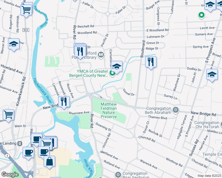 map of restaurants, bars, coffee shops, grocery stores, and more near 616 New Bridge Road in Teaneck