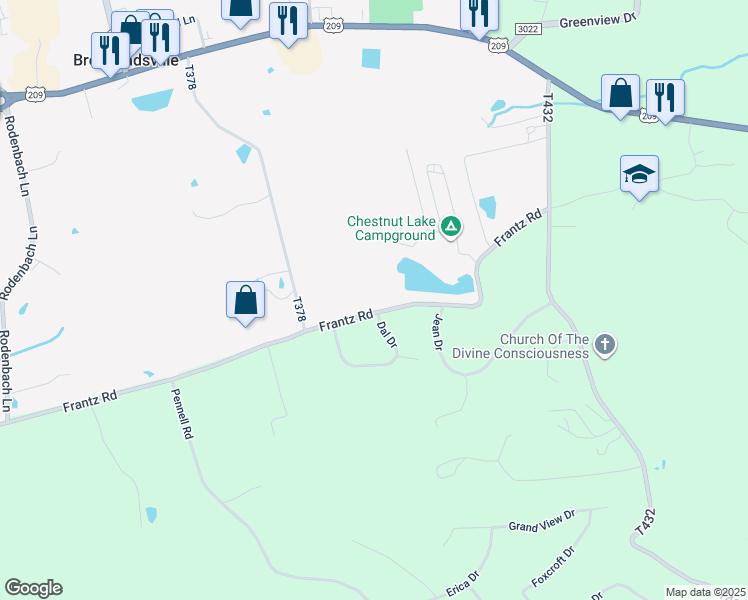 map of restaurants, bars, coffee shops, grocery stores, and more near 495 Frantz Road in Brodheadsville