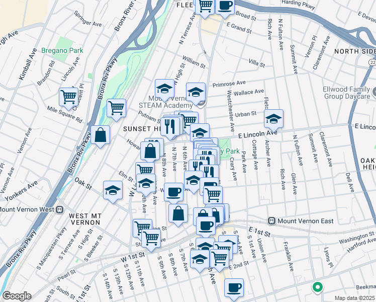 map of restaurants, bars, coffee shops, grocery stores, and more near 223 North 6th Avenue in Mount Vernon
