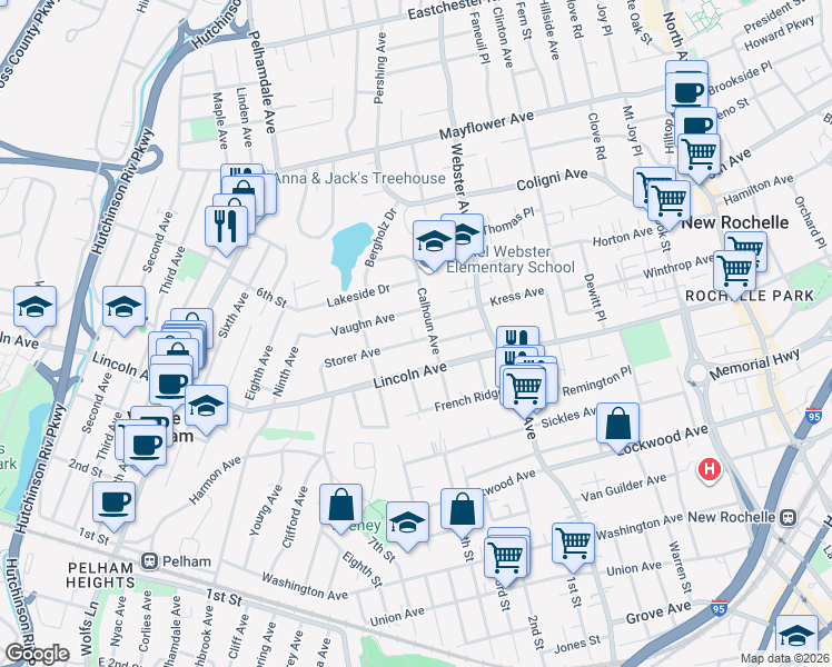 map of restaurants, bars, coffee shops, grocery stores, and more near 275 Storer Avenue in New Rochelle