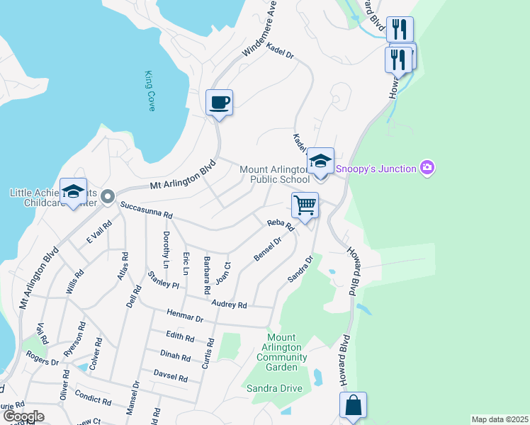 map of restaurants, bars, coffee shops, grocery stores, and more near 672 Succasunna Road in Mount Arlington