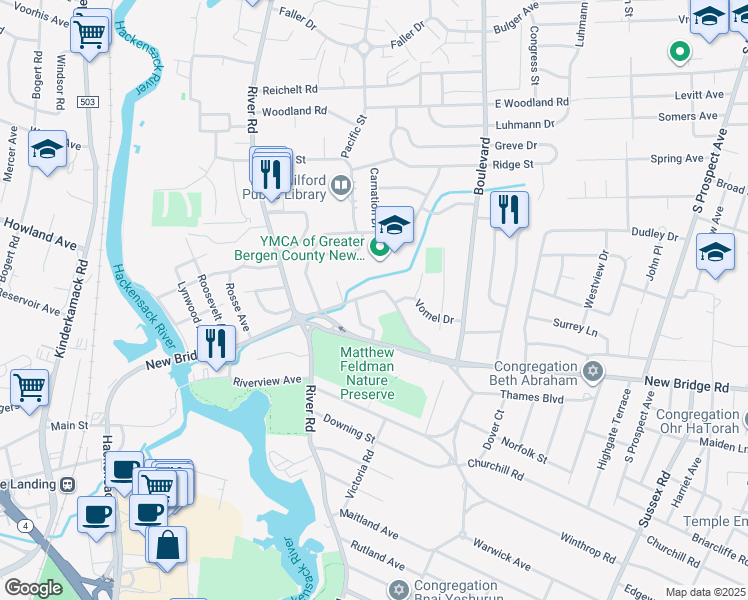 map of restaurants, bars, coffee shops, grocery stores, and more near 616 New Bridge Road in Teaneck