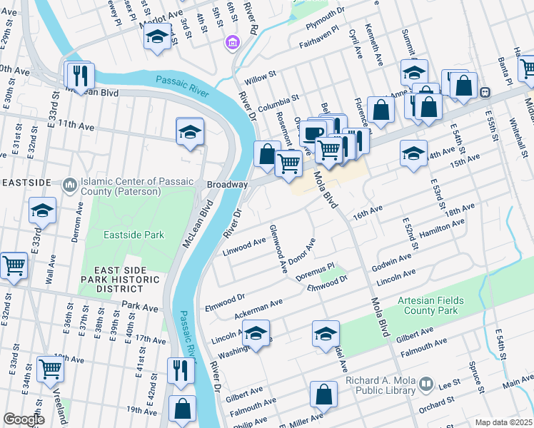 map of restaurants, bars, coffee shops, grocery stores, and more near 39 Elmwood Terrace in Elmwood Park