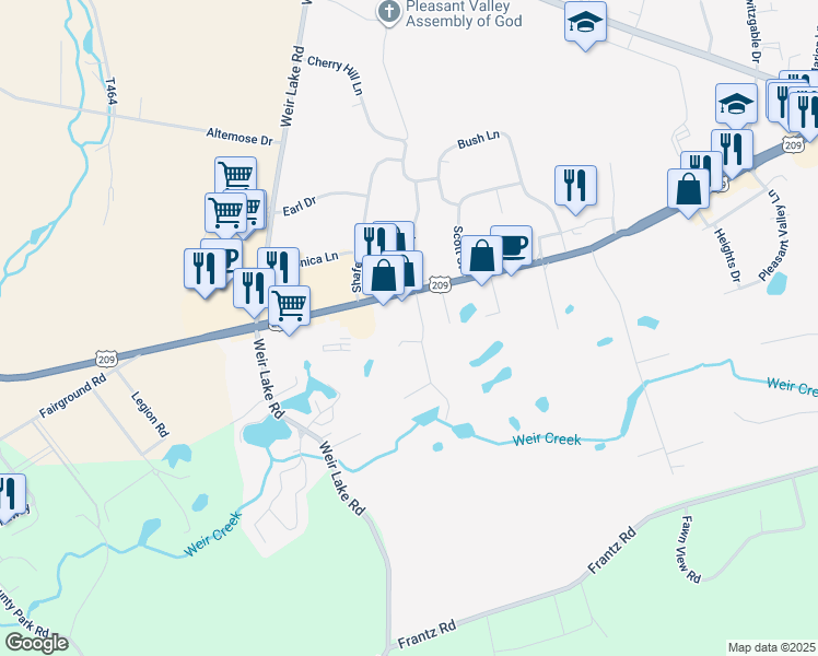map of restaurants, bars, coffee shops, grocery stores, and more near 219 West Scott Court in Brodheadsville