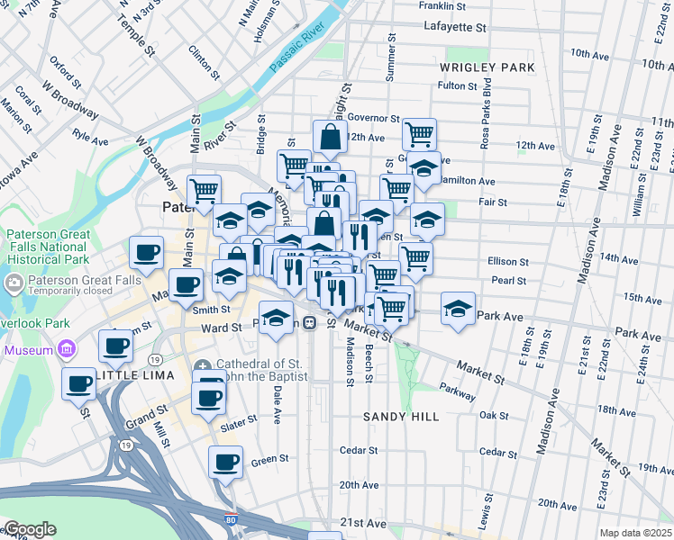 map of restaurants, bars, coffee shops, grocery stores, and more near 207 Straight Street in Paterson