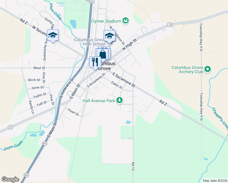 map of restaurants, bars, coffee shops, grocery stores, and more near 205 Vidette Ave in Columbus Grove