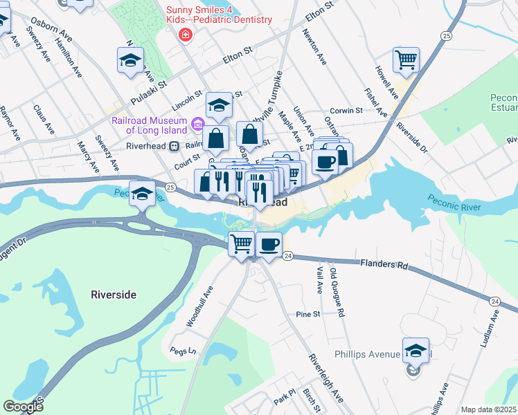 map of restaurants, bars, coffee shops, grocery stores, and more near 38 West Main Street in Riverhead