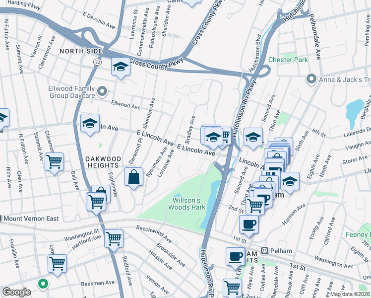 map of restaurants, bars, coffee shops, grocery stores, and more near 635 East Lincoln Avenue in Mount Vernon