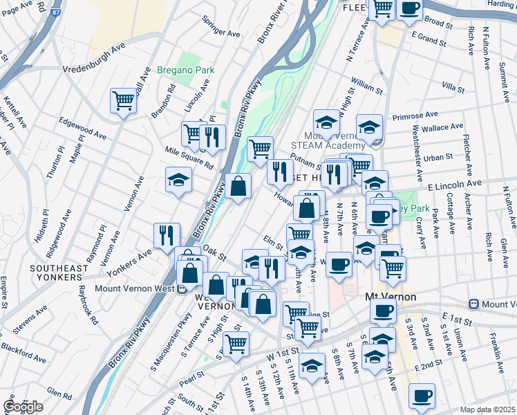 map of restaurants, bars, coffee shops, grocery stores, and more near 237 North MacQuesten Parkway in Mount Vernon