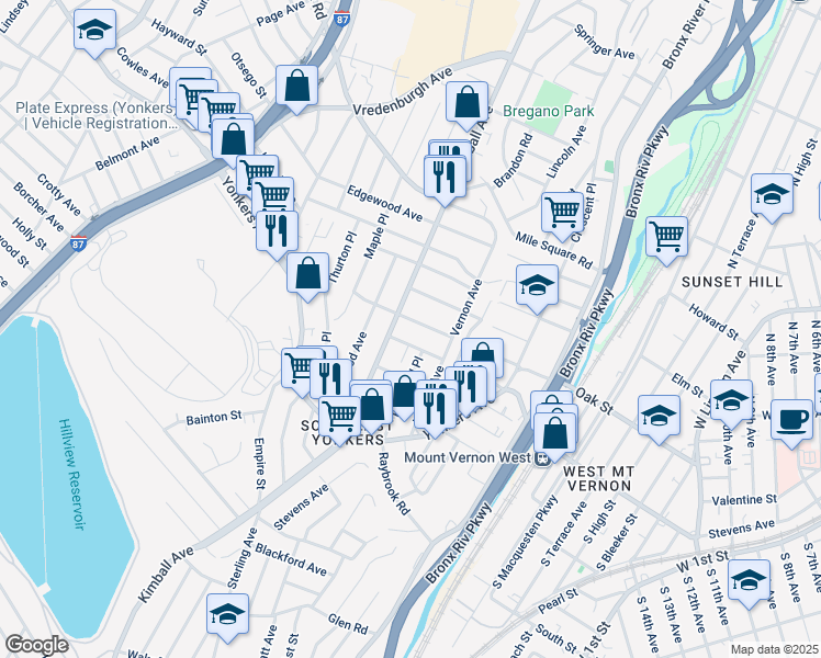 map of restaurants, bars, coffee shops, grocery stores, and more near 468 Kimball Avenue in Yonkers
