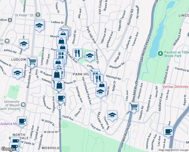 map of restaurants, bars, coffee shops, grocery stores, and more near 117 McLean Avenue in Yonkers