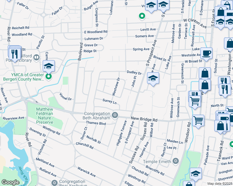 map of restaurants, bars, coffee shops, grocery stores, and more near 60 Westview Drive in Bergenfield