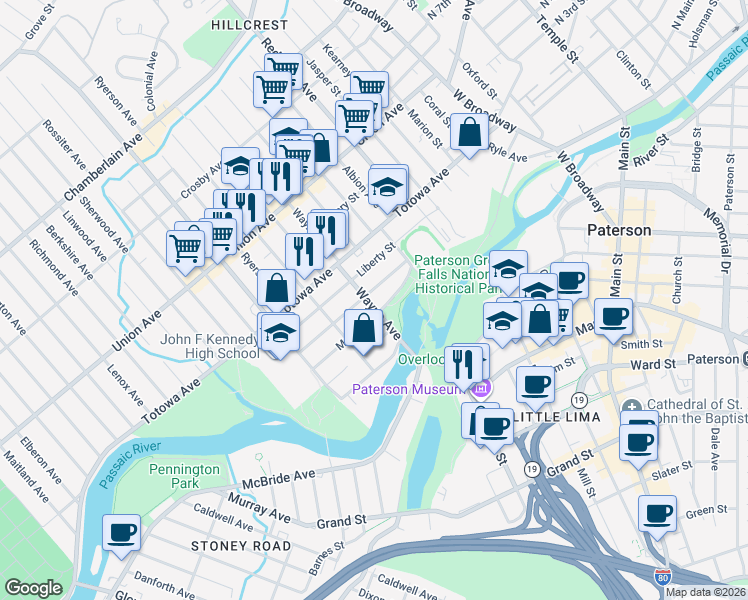 map of restaurants, bars, coffee shops, grocery stores, and more near 58 Wayne Avenue in Paterson