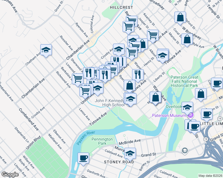 map of restaurants, bars, coffee shops, grocery stores, and more near 184 Edmund Avenue in Paterson