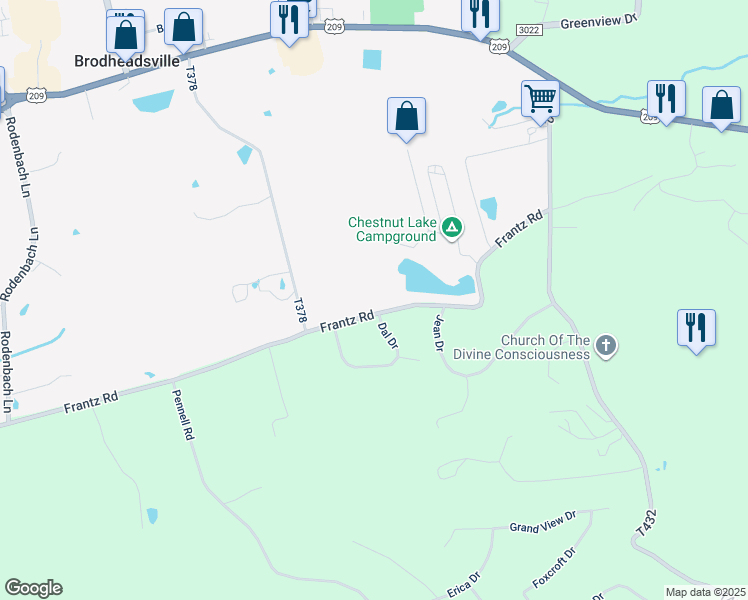 map of restaurants, bars, coffee shops, grocery stores, and more near 495 Frantz Road in Brodheadsville