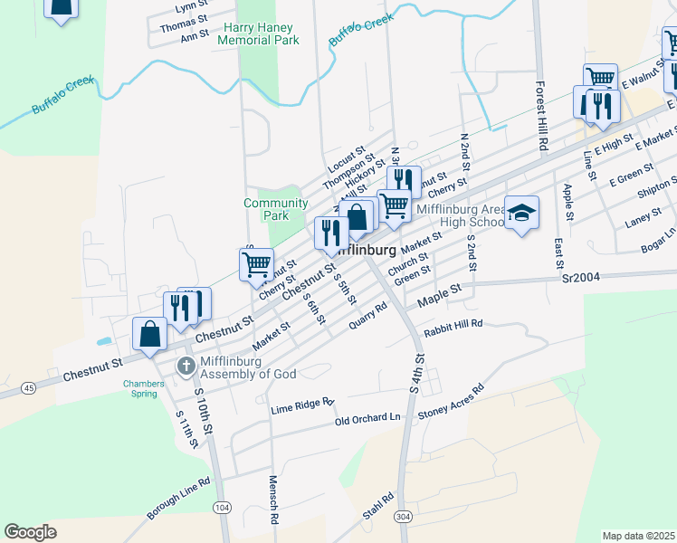map of restaurants, bars, coffee shops, grocery stores, and more near 451 Chestnut Street in Mifflinburg