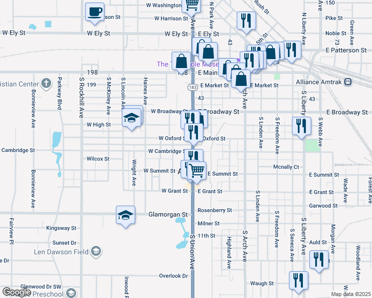 map of restaurants, bars, coffee shops, grocery stores, and more near 27 West Cambridge Street in Alliance