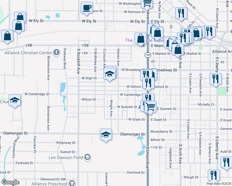 map of restaurants, bars, coffee shops, grocery stores, and more near 255 West Cambridge Street in Alliance