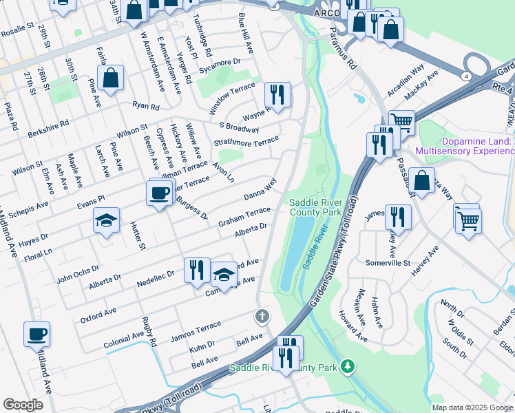 map of restaurants, bars, coffee shops, grocery stores, and more near 25 Graham Terrace in Saddle Brook