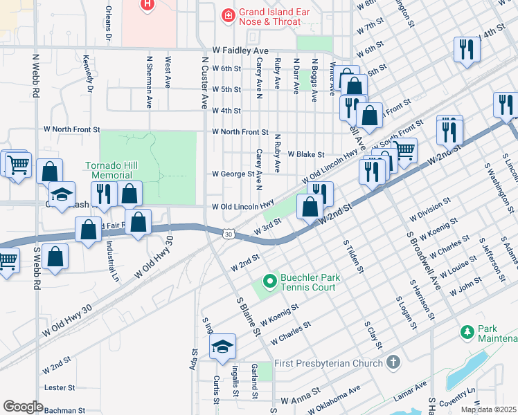 map of restaurants, bars, coffee shops, grocery stores, and more near 2300 West Old Lincoln Highway in Grand Island