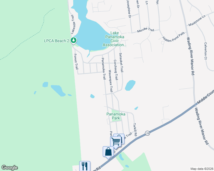 map of restaurants, bars, coffee shops, grocery stores, and more near 101 Panamoka Trail in Ridge