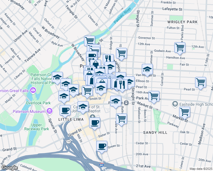 map of restaurants, bars, coffee shops, grocery stores, and more near 49 Church Street in Paterson